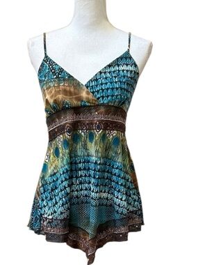 Boho Hippie Vtg Y2K V Neck Teal Brown Peacock Pattern Baby Doll Tank Camisole Lg